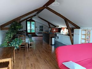 a living room with a red couch and a kitchen at Gite du pic vert in Rivèrenert