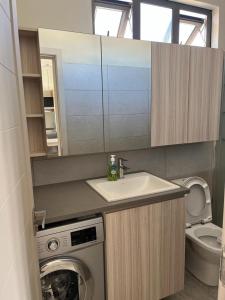 a bathroom with a washing machine and a sink at John House studio No 5 in Flic-en-Flac