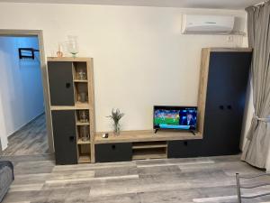 - un salon avec une télévision sur une table dans l'établissement Apartament Andreas, à Băile Herculane