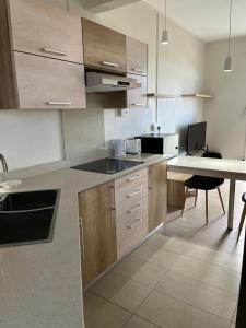 a kitchen with wooden cabinets and a table in it at John House studio No 5 in Flic-en-Flac