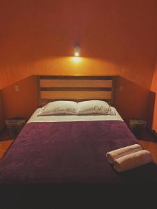een slaapkamer met een groot bed met een houten hoofdeinde bij Ecohabitat in Xpujil