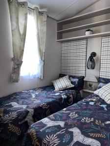 1 dormitorio con 2 camas y ventana en Porthcurno 4, Silverbow Country Park, en Perranzabuloe
