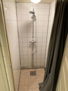 a shower with a shower curtain in a bathroom at Nomad Cave in Stockholm