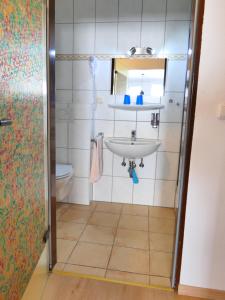 ein Bad mit einem Waschbecken und einem WC in der Unterkunft Ferienwohnungen und Appartements - Haus Budinger in Alf