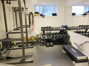 siłownia z kilkoma rzędami klocków w pokoju w obiekcie Beautiful apartment with bathtub, sauna and gym w Ålesund