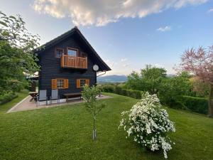 uma casa de madeira com uma varanda num quintal verde em Troadkastn Familie Fritz em Passail