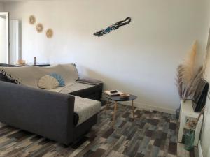 a living room with a couch and a table at T2, bord de plage et piscine in Biscarrosse