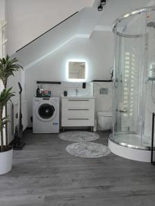 a bathroom with a shower and a washing machine at Basztowa Apartament in Świnoujście