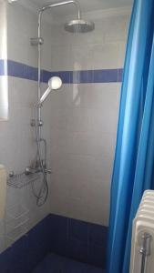 um chuveiro com uma cortina de chuveiro azul na casa de banho em Valta's Room em Paleros