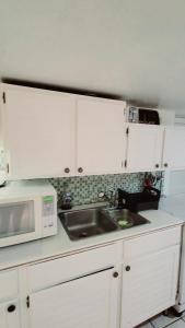 cocina con armarios blancos, fregadero y microondas en Vancouver 2BR Garden Suite en Vancouver