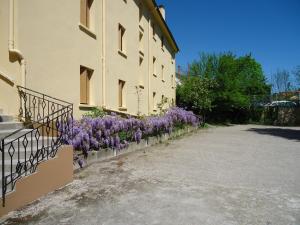 un edificio con flores púrpuras a su lado en Hotel des Voyageurs, en Millau