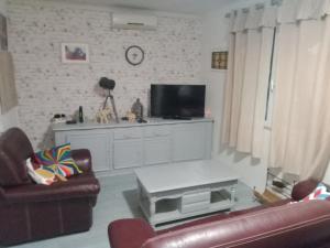 ein Wohnzimmer mit einem Sofa und einem TV in der Unterkunft Chambre chez l'habitant in Pierrelatte