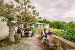 un grupo de personas sentadas en una mesa bajo un árbol en Casa dos Calços, en Angra do Heroísmo