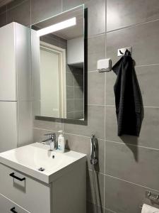 a bathroom with a sink and a mirror at Casa Opaali in Tampere