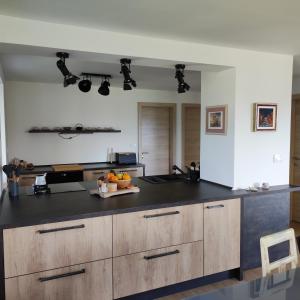 a kitchen with a black counter top and wooden cabinets at Apartma Slatina in Šmartno ob Paki
