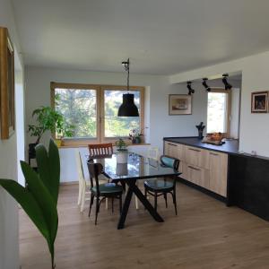 Apartma Slatina في Šmartno ob Paki: مطبخ وغرفة طعام مع طاولة وكراسي