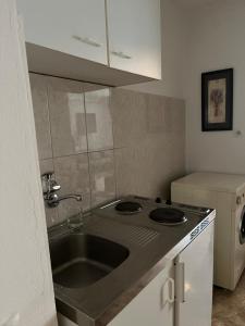 uma cozinha com um lavatório e uma bancada em Old Town Apartment em Herceg Novi