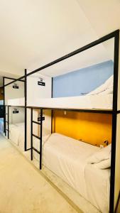 two bunk beds in a room with a window at URB Hotel in Fortaleza