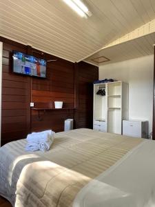 a bedroom with a large bed with a tv on the wall at Pousada do Vento in Campos do Jordão