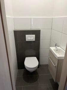 a small bathroom with a toilet and a sink at Vivien vendégház 2 in Ordacsehi