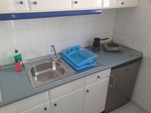 帕拉塔蒙Toula's Apartments的厨房水槽和蓝色的盘子旁边