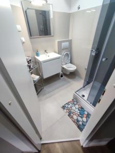 ein Bad mit einer Dusche, einem WC und einem Waschbecken in der Unterkunft Apartment Palma in Zadar