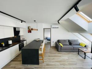 una cocina y sala de estar en un loft con sofá en Vacation Station Ptuj, en Videm pri Ptuju