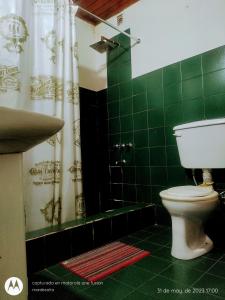 y baño de azulejos verdes con aseo y ducha. en Bethel en Salta