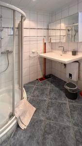 ein Badezimmer mit einer Dusche, einem Waschbecken und einer Badewanne in der Unterkunft Ferienwohnung am Sonnenstrahl in Dorum Neufeld