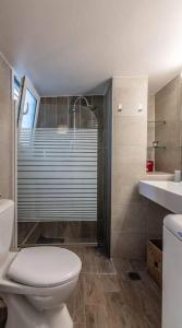 a bathroom with a toilet and a shower and a sink at Mariners Friend in Piraeus