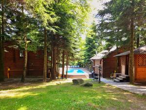 a yard with a house and a swimming pool at Gostynniy Dvir Коттеджи in Migovo