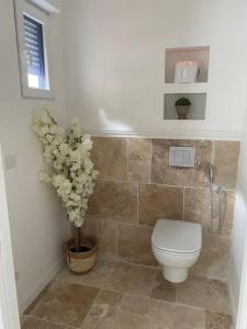 a bathroom with a toilet and a vase of flowers at Hortillonne in Amiens