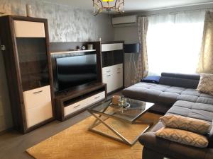 sala de estar con sofá y TV de pantalla plana en Page1 Ultracentral Apartament en Târgovişte