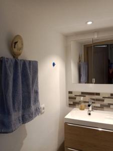 a bathroom with a sink and a blue towel at L'Astré in Loupian