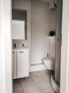 bagno bianco con servizi igienici e lavandino di Studio Apartment Sanya #2 a Lubiana