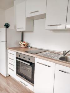 una cucina bianca con piano cottura e lavandino di Studio Apartment Sanya #2 a Lubiana