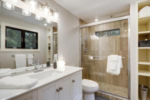 a bathroom with a shower and a sink and a toilet at Owls' Nest in Stowe