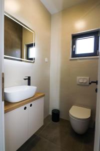 een badkamer met een wastafel, een toilet en een spiegel bij Villa Gemini in Zadar