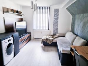 ein Wohnzimmer mit einem Sofa und einem TV in der Unterkunft Da Vinci Appartement in Kapfenberg
