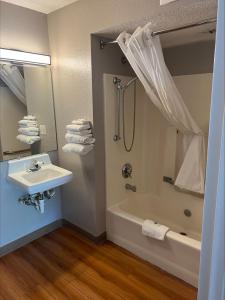 a bathroom with a sink and a bath tub at Motel 6-Warren, MI - Detroit East in Warren