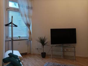 uma sala de estar com uma televisão de ecrã plano e uma janela em Helles Apartment am Elberadweg em Magdeburg