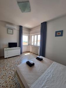 a bedroom with a bed and a tv and a window at Il Balcone sull'Elba in Piombino
