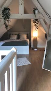 a bedroom with a bed and a lamp in a attic at Charmant Duplex - Au bord de l'Eure in Chartres