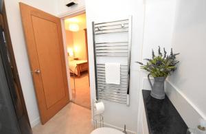 a bathroom with a toilet and a mirror at Snug on the Tweed in Berwick-Upon-Tweed