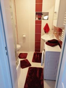 y baño con lavabo, aseo y alfombras rojas. en Apartament Skawina, en Skawina