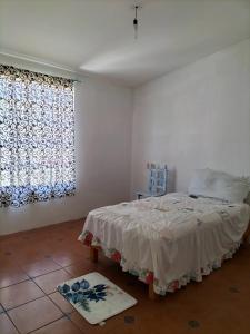 een slaapkamer met een bed, een raam en een tapijt bij Casa Brenamiel in Santa María Azompa