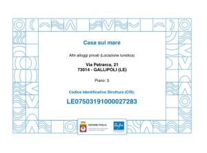 Certifikát, ocenenie alebo iný dokument vystavený v ubytovaní Casa sul mare
