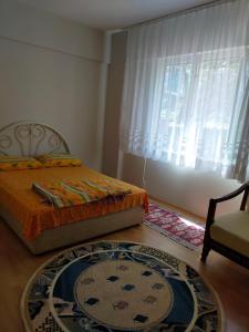 1 dormitorio con cama, alfombra y ventana en Rafet Aksoy, en Yalova