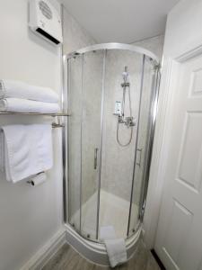 a shower with a glass door in a bathroom at Park View room with free minibar tea&coffee in Dublin