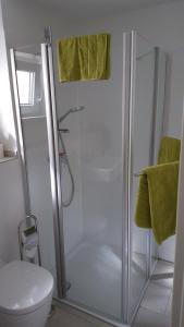 ein Bad mit einer Dusche, einem WC und grünen Handtüchern in der Unterkunft BeHappy in Rust